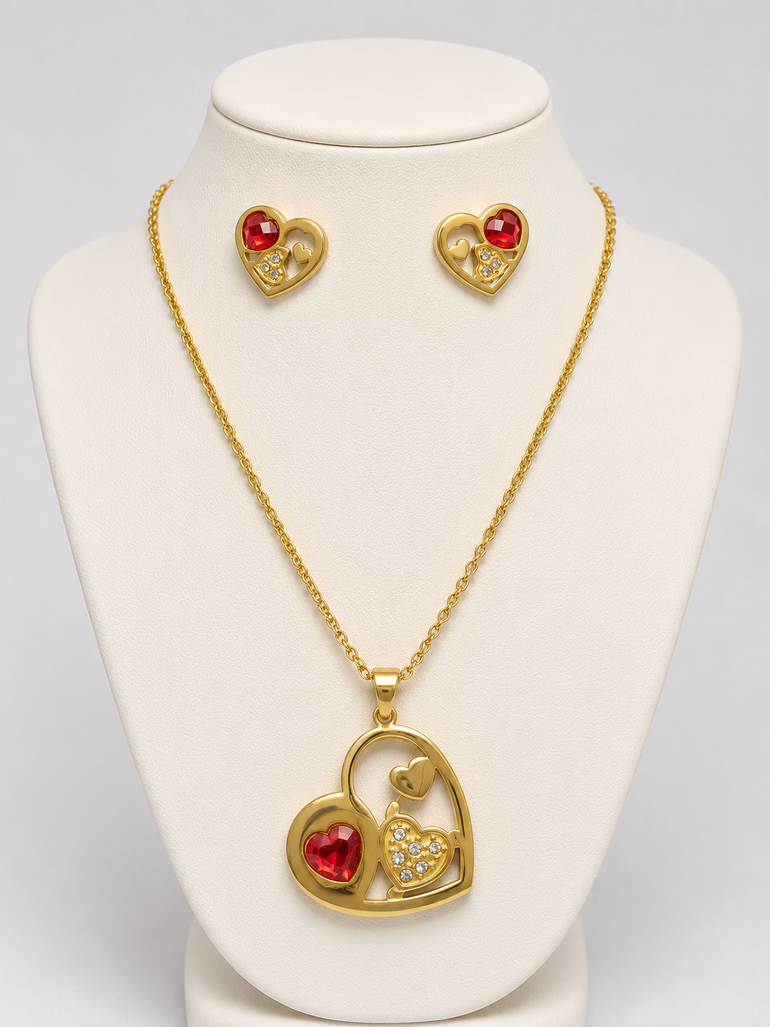 Juego de Acero Corazon Piedra Roja y Blanca Lux