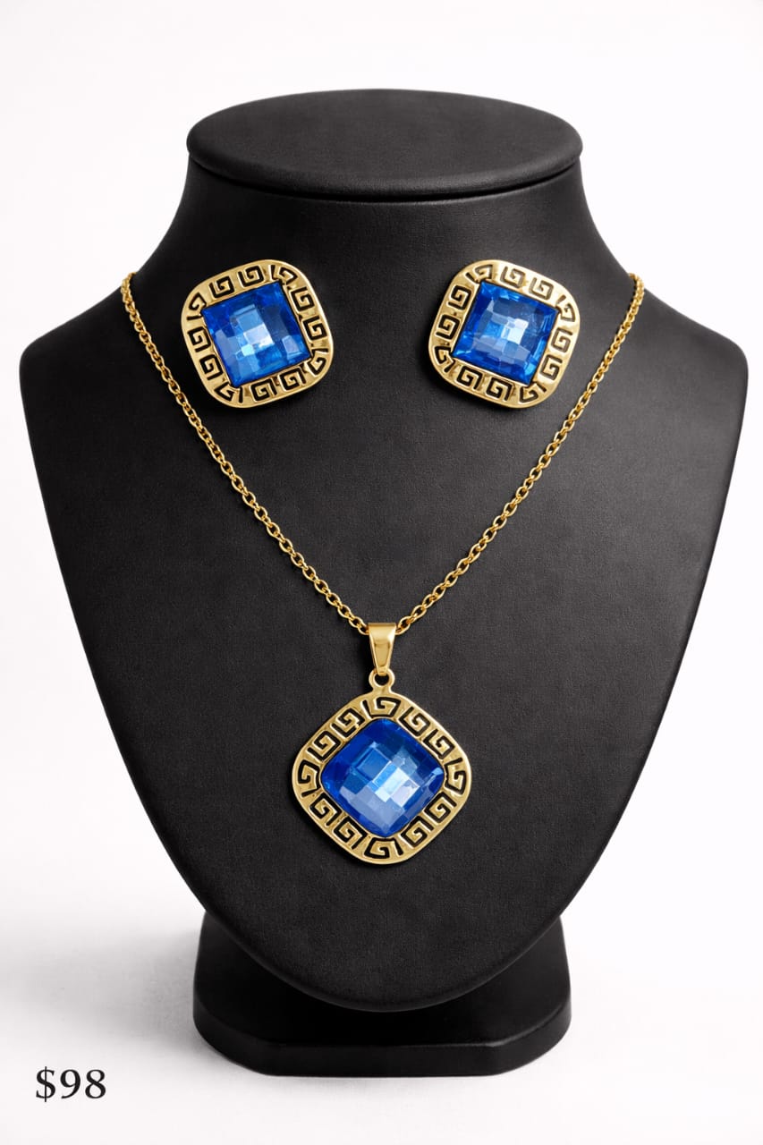 Conjunto Acero Plateado Piedras Azules