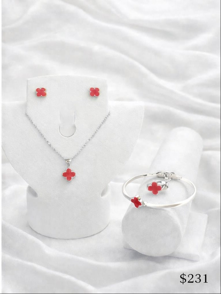 Conjunto Acero Aretes, Gargantilla, Brazalete, Anillo Tipo Van CLEEF
