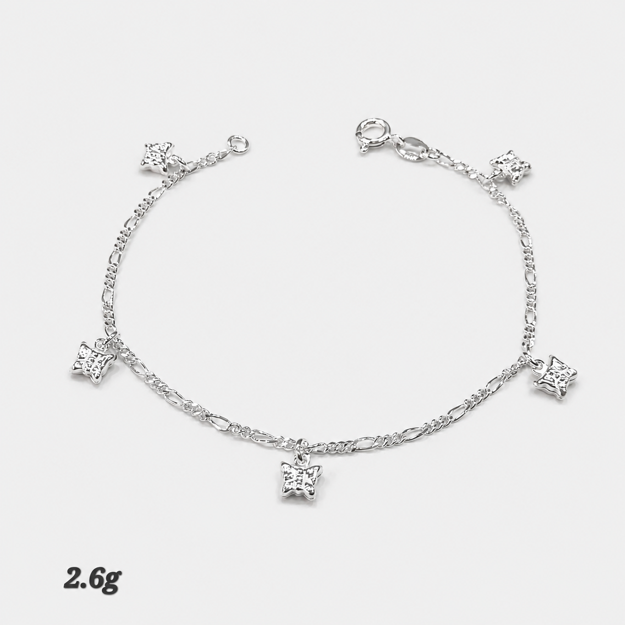 Pulsera plata dijes mariposa, tejido 3x1 - 19cm
